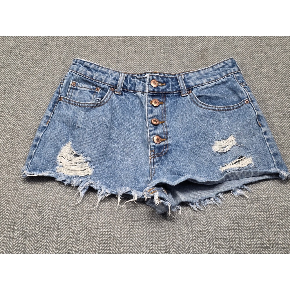 Forever 21 Premium Denim High Rise Distressed Button Fly Shorts Blue Size 28‎